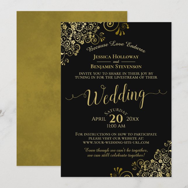 Gold Frills Black Virtual Wedding Livestream Invitation (Front/Back)