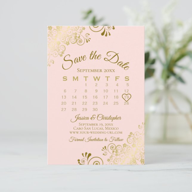 Gold Frills Blush Pink Chic Wedding Calendar Save The Date (Standing Front)