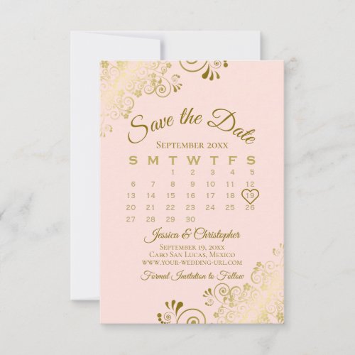 Gold Frills Blush Pink Chic Wedding Calendar Save The Date