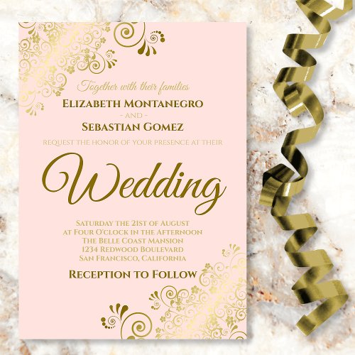 Gold Frills Blush Pink Chic Wedding Invitation