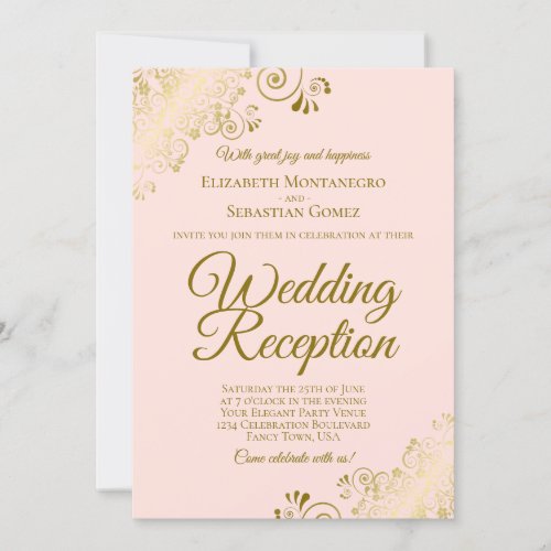 Gold Frills  Blush Pink Elegant Wedding Reception Invitation