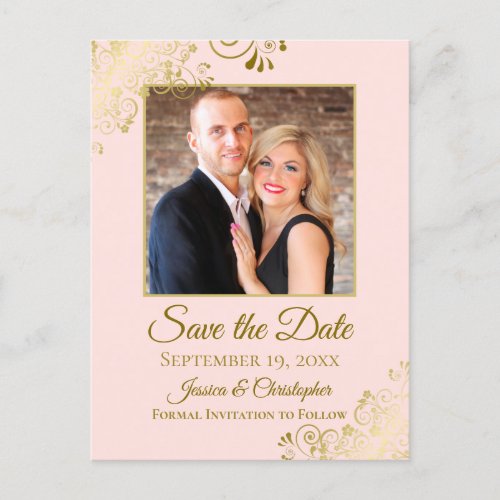 Gold Frills Blush Pink Wedding Save the Date Photo Announcement Postcard