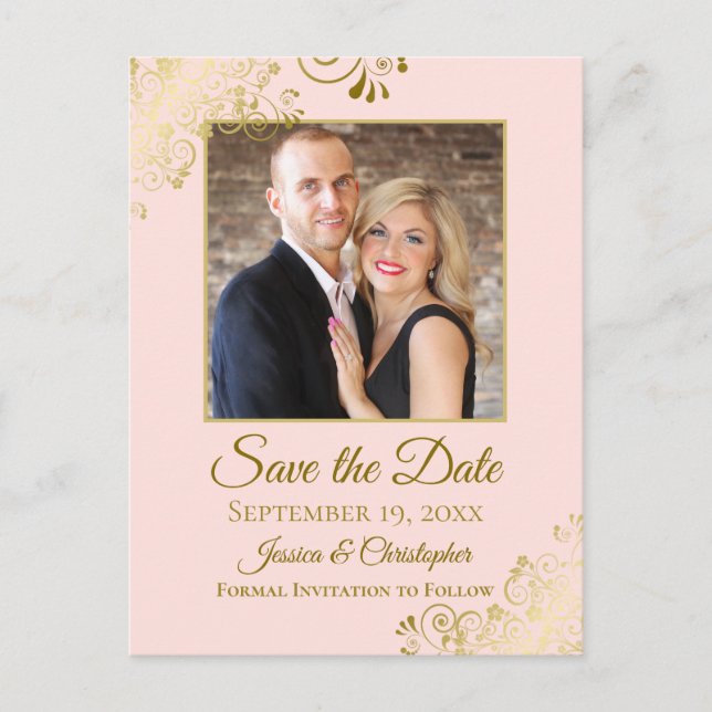 Gold Frills Blush Pink Wedding Save the Date Photo Announcement Postcard (Front)