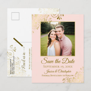 Gold Frills Blush Pink Wedding Save the Date Photo Announcement Postcard