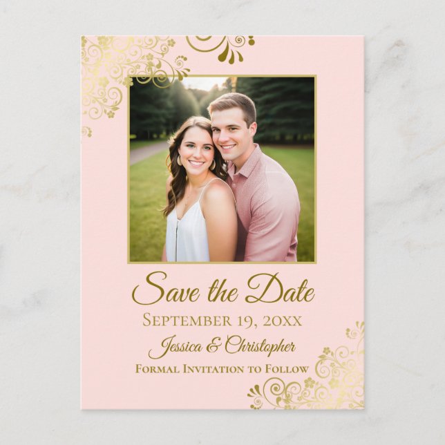 Gold Frills Blush Pink Wedding Save the Date Photo Announcement Postcard (Front)