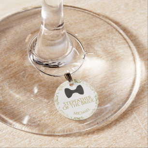 Gold Frills & Bow Tie Stepfather of Bride Wedding Wine Charm