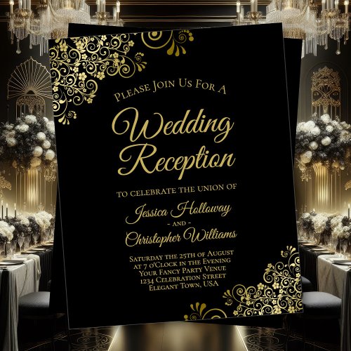 Gold Frills BUDGET Black Wedding Reception Invite