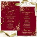 Gold Frills Burgundy Maroon Budget Wedding Program<br><div class="desc">These wedding programs are elegant and tasteful, while still being budget friendly. The design features ornate golden faux foil frills with gold text on a burgundy, maroon, or wine red colored background. The typography features lacy script calligraphy, and there is room for details on the ceremony, the bridal party, and...</div>