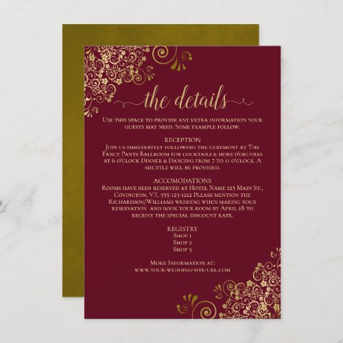 Gold Frills Burgundy Maroon Wedding Details Enclosure Card
