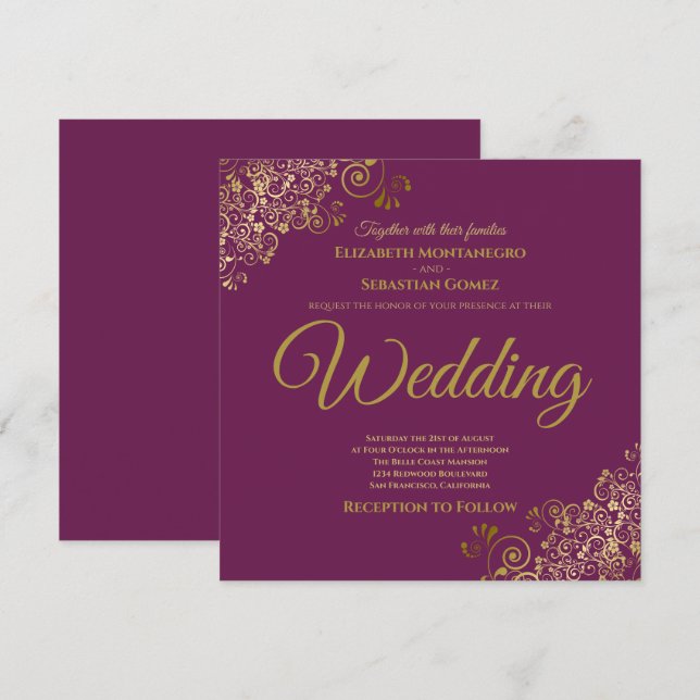 Gold Frills Cassis Purple Elegant Square Wedding Invitation (Front/Back)