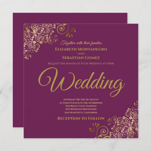 Gold Frills Cassis Purple Elegant Square Wedding Invitation