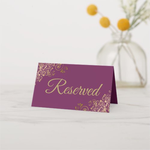 Gold Frills Cassis Purple Elegant Wedding Reserved Place Card