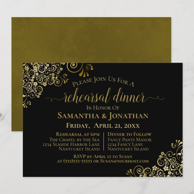 Gold Frills Chic Black Wedding Rehearsal & Dinner Invitation (Front/Back)
