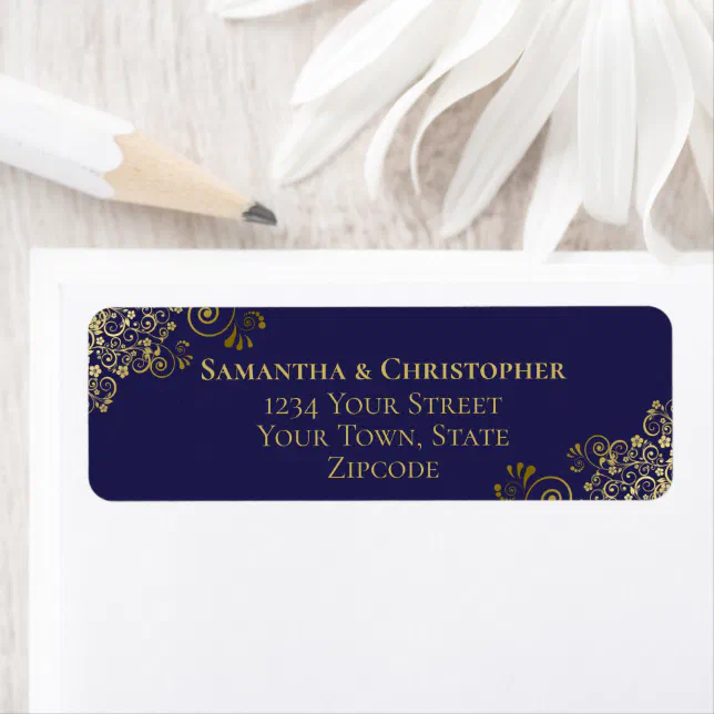 Gold Frills Chic Navy Blue Wedding Return Address Label | Zazzle