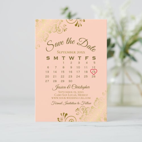 Gold Frills Coral Peach Chic Wedding Calendar Save The Date