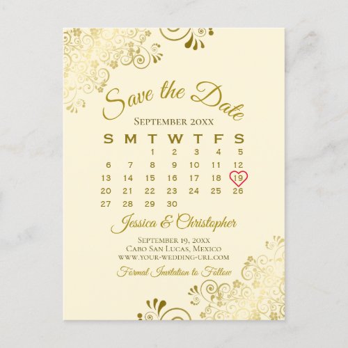 Gold Frills Cream Wedding Save the Date Calendar Announcement Postcard