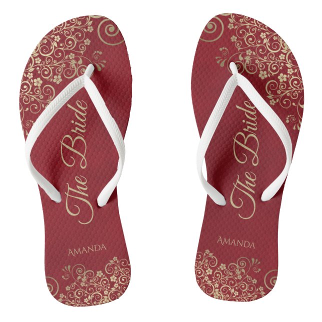 Gold Frills Crimson Red Elegant The Bride Wedding Flip Flops (Footbed)
