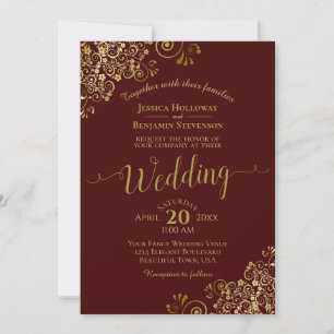 Gold Frills Elegant Auburn Brown Wedding Invitation