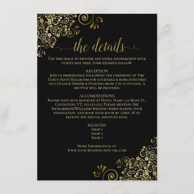 Gold Frills Elegant Black Wedding Details Enclosure Card (Front)