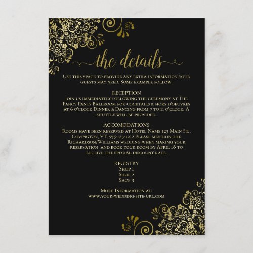 Gold Frills Elegant Black Wedding Details Enclosure Card