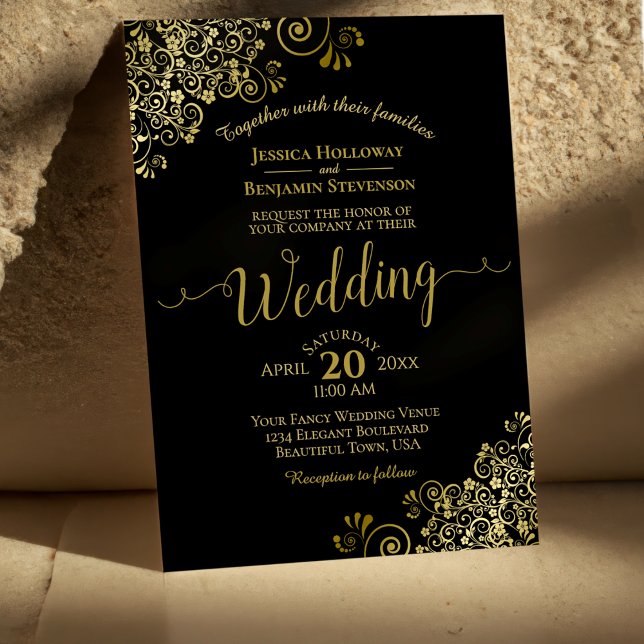 Gold Frills Elegant Black Wedding Invitation (Creator Uploaded)
