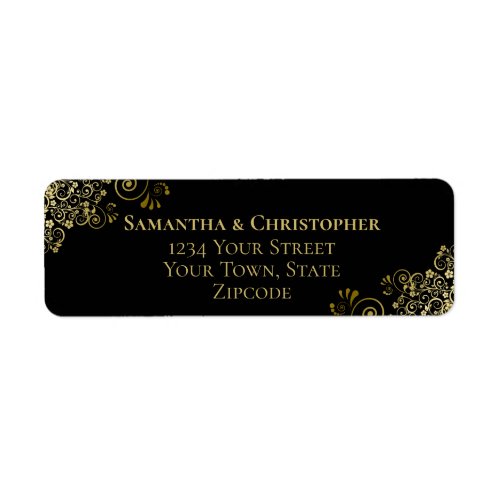 Gold Frills Elegant Black Wedding Return Address Label