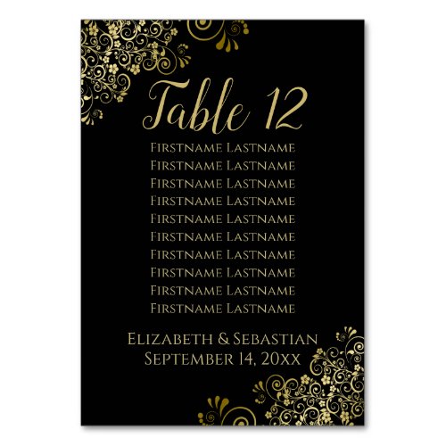 Gold Frills Elegant Black Wedding Seating Chart Table Number