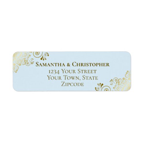 Gold Frills Elegant Blue Wedding Return Address Label