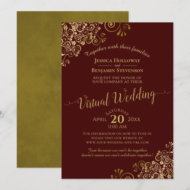 Gold Frills Elegant Burgundy Virtual Wedding Invitation (Front/Back)