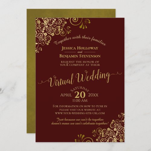 Gold Frills Elegant Burgundy Virtual Wedding Invitation