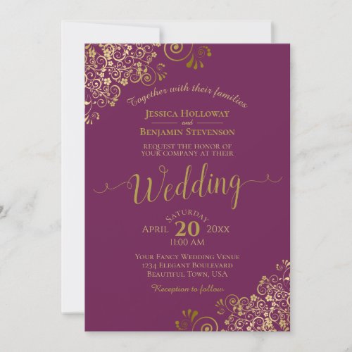 Gold Frills Elegant Cassis Purple Magenta Wedding Invitation
