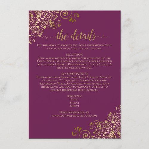 Gold Frills Elegant Cassis Purple Wedding Details Enclosure Card