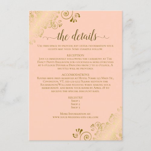 Gold Frills Elegant Coral Peach Wedding Details Enclosure Card