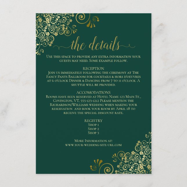 Gold Frills Elegant Emerald Green Wedding Details Enclosure Card (Front)
