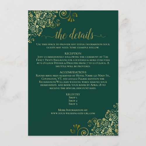 Gold Frills Elegant Emerald Green Wedding Details Enclosure Card