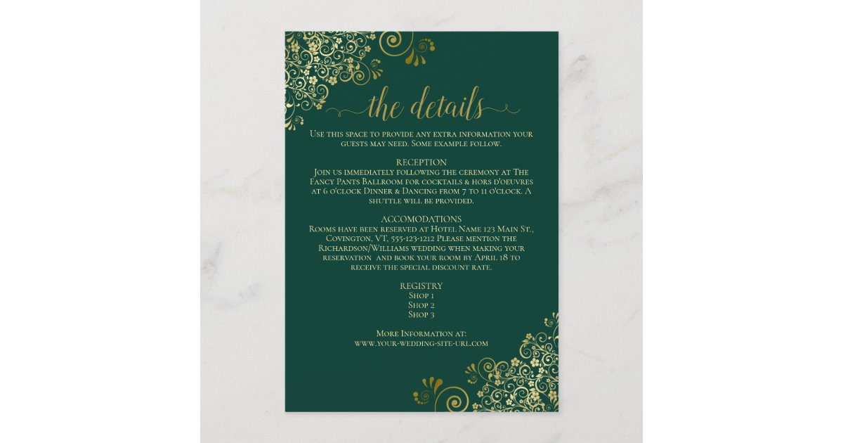 Gold Frills Elegant Emerald Green Wedding Details Enclosure ...