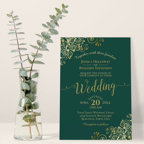 Gold Frills Elegant Emerald Green Wedding Invitation