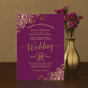 Gold Frills Elegant Magenta Plum Purple Wedding Invitation