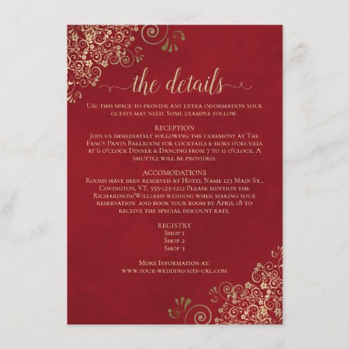Gold Frills Elegant Marbled Red Wedding Details Enclosure Card