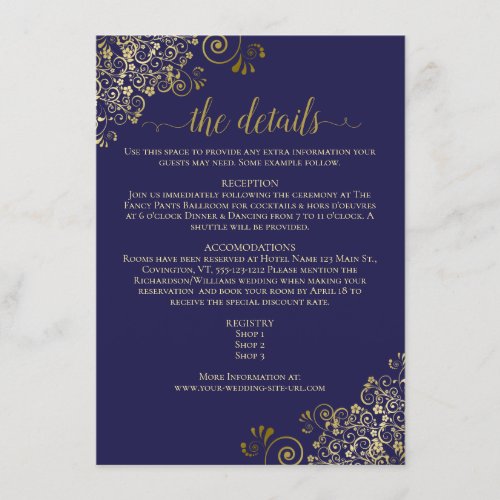 Gold Frills Elegant Navy Blue Wedding Details Enclosure Card