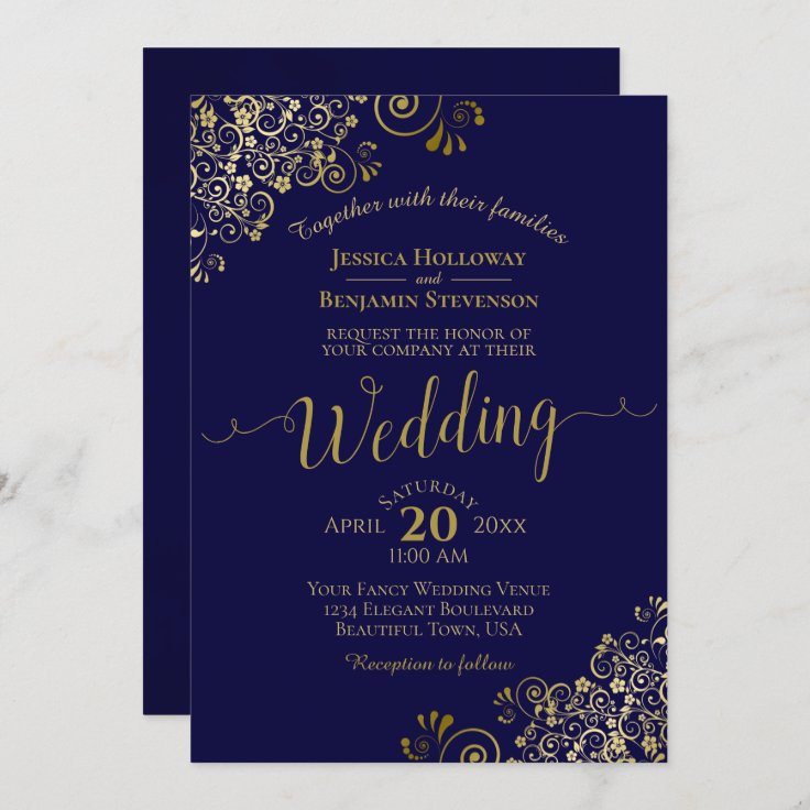 Gold Frills Elegant Navy Blue Wedding Invitation | Zazzle