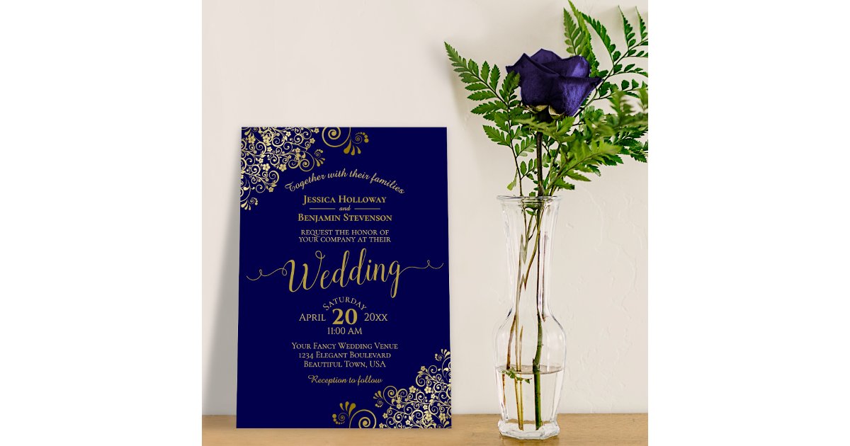 Gold Frills Elegant Navy Blue Wedding Invitation | Zazzle