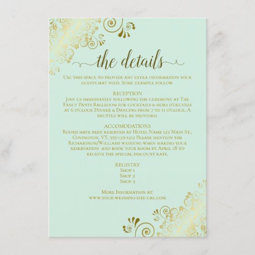 Gold Frills Elegant Neo Mint Green Wedding Details Enclosure Card