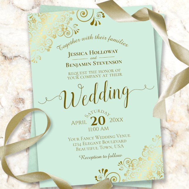 Gold Frills Elegant Neo Mint Green Wedding Invitation (Creator Uploaded)