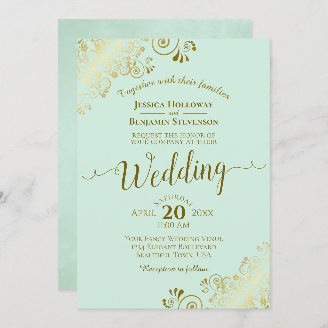 Gold Frills Elegant Neo Mint Green Wedding Invitation | Zazzle