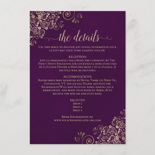 Gold Frills Elegant Plum Purple Wedding Details Enclosure Card