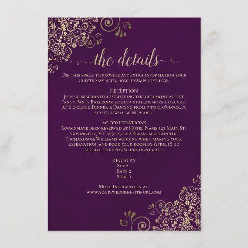 Gold Frills Elegant Plum Purple Wedding Details Enclosure Card