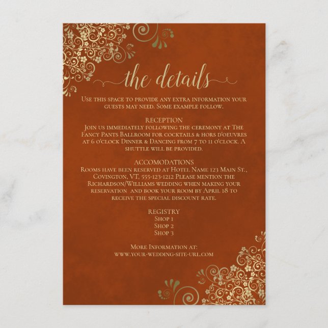 Gold Frills Elegant Rust Orange Wedding Details Enclosure Card (Front)
