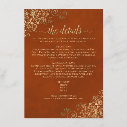 Gold Frills Elegant Rust Orange Wedding Details Enclosure Card