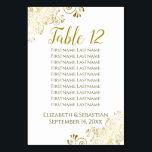 Gold Frills Elegant White Wedding Seating Chart Table Number<br><div class="desc">These beautiful table number cards feature a simple yet elegant design with gold script calligraphy on a white background with a frilly gold faux foil floral filigree in the corners. Each card has room for the names of 10 guests so they also function as a seating chart making it easy...</div>
